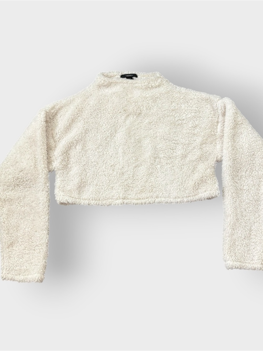 Forever 21 White Plush Teddy Bear Mock Neck Long Sleeve Crop Top Sweater - Boxy